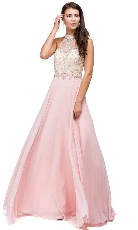 Dancing Queen - 9293 Embellished Illusion Halter Choker Neck Chiffon A-Line Dress - 1 pc Blush In Size L Available Soft fabric unclassified dresses