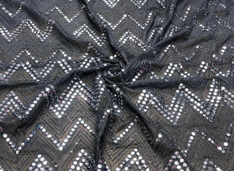 Dark Grey Chevron Mirror Work Embroidered Viscose Georgette Fabric Short unclassified dresses