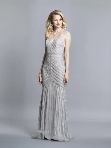 Dave & Johnny - Embellished V-neck Trumpet Dress With Train 3751 - 1 pc Silver In Size 0 Available Stretchy unclassified dresses