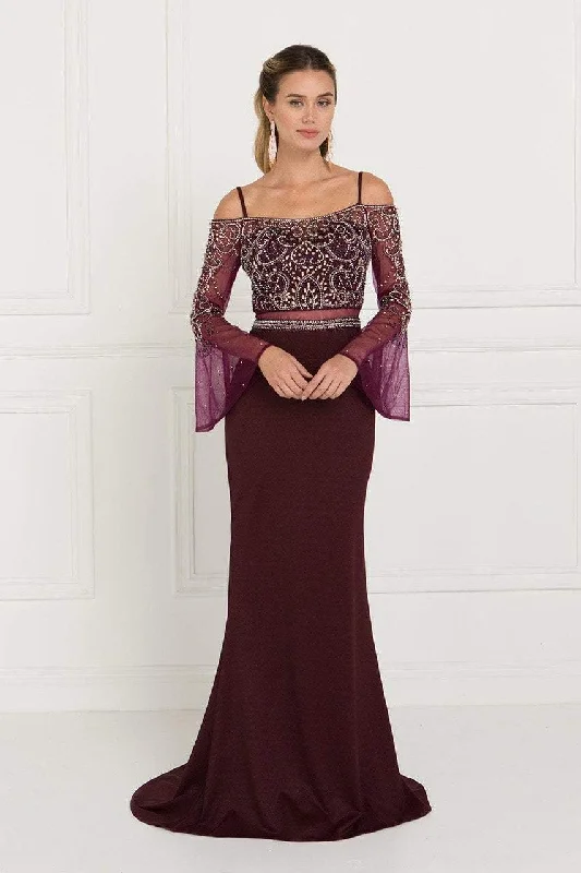 Elizabeth K Embellished Two Piece Sheer Dress with Bell Sleeves GL1500 - 1 pc Burgundy In Size S Available Flowy unclassified dresses