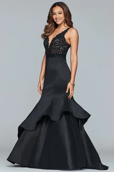 Faviana - Beaded V-neck Jersey Tiered Mermaid Dress S10242 Dark color unclassified dresses