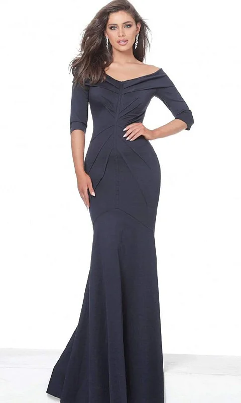 Jovani - Drape Ornate Off Shoulder Trumpet Dress 02760SC - 1 pc Navy In Size 8 Available Floral unclassified dresses