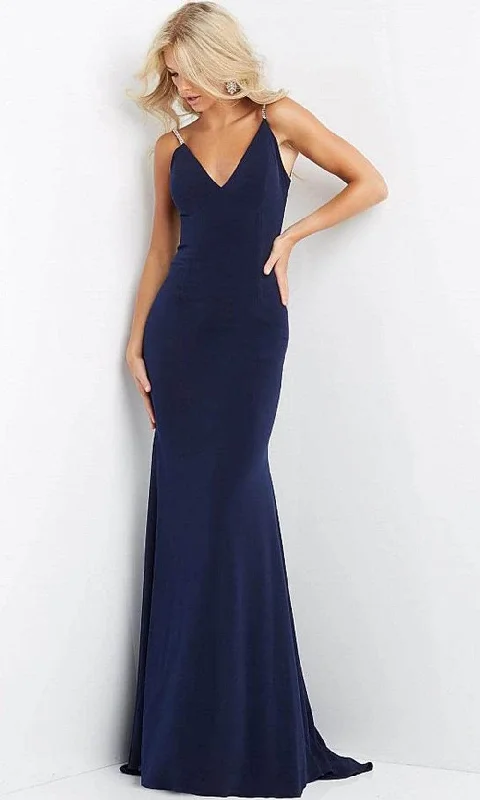 Jovani - Embellished Backless Trumpet Dress 07297SC - 1 pc Navy In Size 00 Available Bright color unclassified dresses