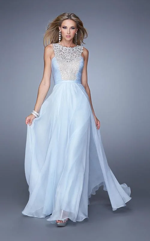 La Femme - 21222SC Embroidered Ruched Chiffon Prom Dress - 1 pc Powder Blue In Size 4 Available Neutral tone unclassified dresses