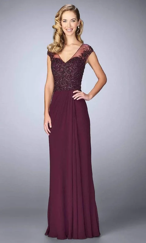 La Femme - Illusion V-Neck Beaded Bodice Sheath Dress 23316SC - 1 pc Eggplant In Size 14 Available Open-back unclassified dresses