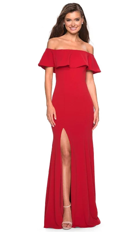 La Femme - Ruffled Off Shoulder High Slit Trumpet Dress 27096SC - 1 pc Black In Size 4 and 1 pc Red in Size 2 Available Petite unclassified dresses