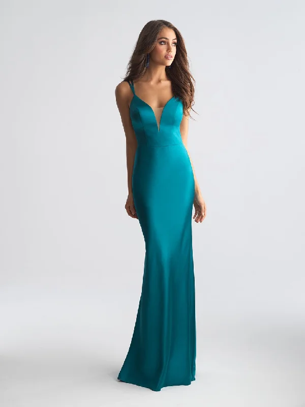 Madison James - Deep V-neck Stretch Satin Sheath Dress 18-723 - 2 pcs Teal In Size 6 and 8 Available Graduation unclassified dresses