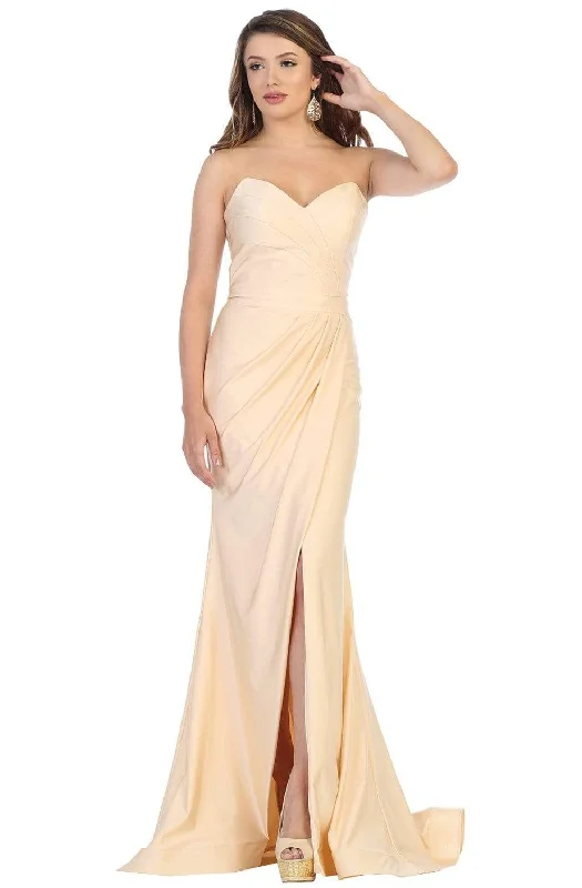 May Queen - MQ1718 Strapless Sweetheart Draping High Slit Dress Cocktail unclassified dresses