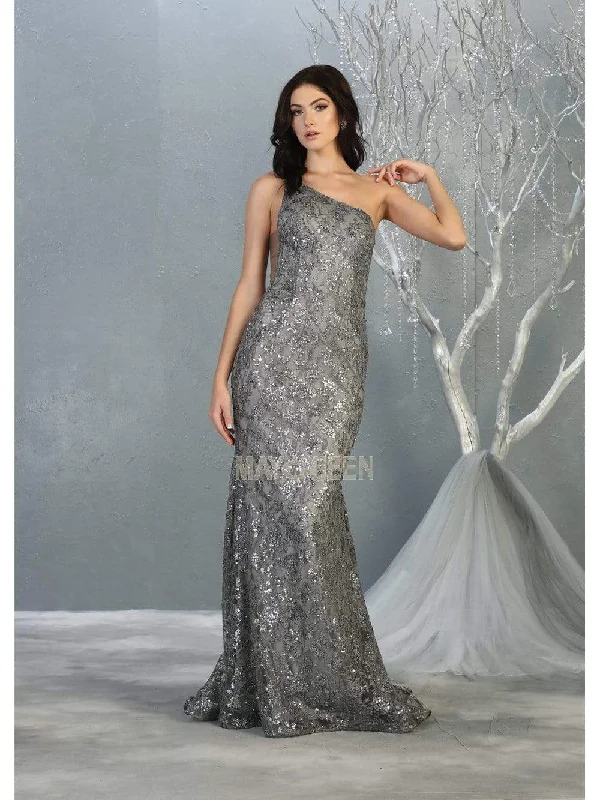 May Queen - One Shoulder Strap Fitted Mermaid Dress MQ1804 - 1 pc Silver In Size 14 Available One-shoulder unclassified dresses