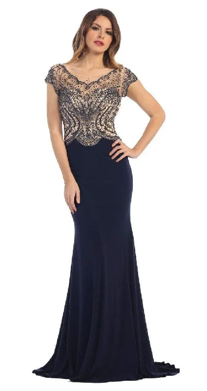 May Queen RQ7310 Illusion Embellished Bodice with Cap Sleeve Sheath Dress - 1 pc Black in Size 6 Available Cocktail unclassified dresses