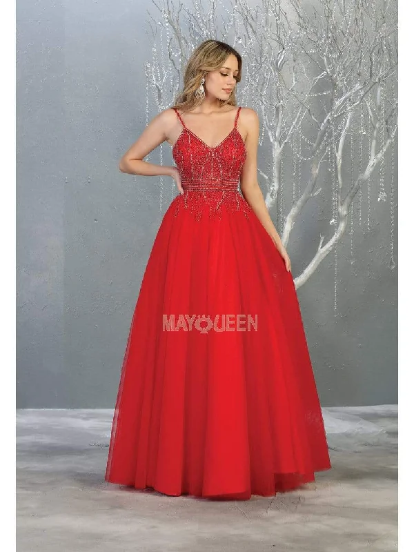 May Queen - RQ7841 Bead Embellished Deep V-Neck A-Line Dress Ruched unclassified dresses