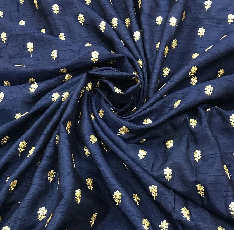 Navy Blue Flower Butti Embroidered Viscose Dola Silk Fabric Cocktail unclassified dresses