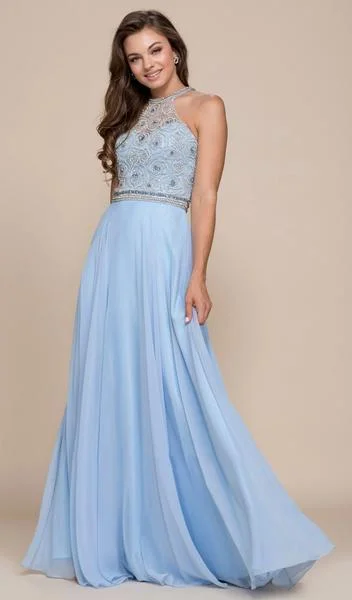 Nox Anabel - Beaded Illusion Halter A-line Dress 8295 - 1 pc Ice Blue In Size L Available Tulle unclassified dresses