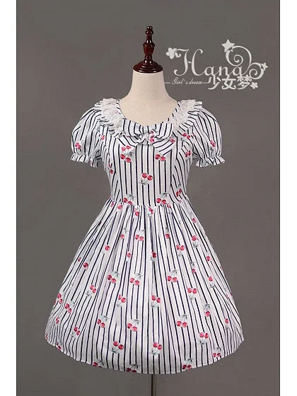 Cherry Stripe Ruffle Collar One Piece in White Petite unclassified dresses