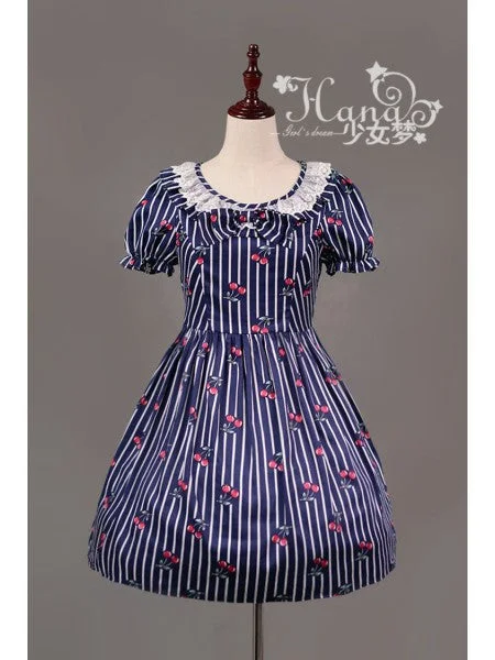 Cherry Stripe Ruffle Collar One Piece in Navy Stylish unclassified dresses