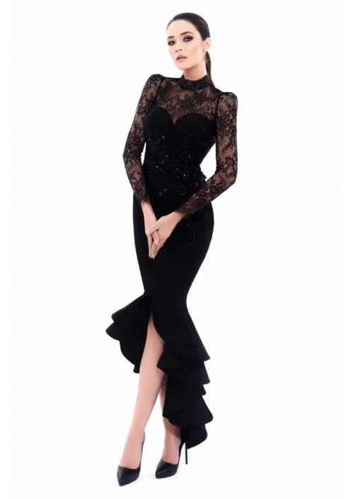 Tarik Ediz - Embellished High Neck High Low Ruffled Dress 93318 - 1 pc Black In Size 2 Available Long sleeve unclassified dresses