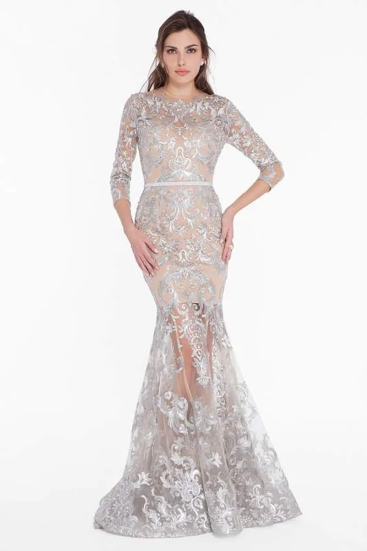 Terani Couture - Embroidered Sheer Jewel Trumpet Dress 1822GL7509 - 1 pc Silver Nude In Size 8 Available Lightweight unclassified dresses