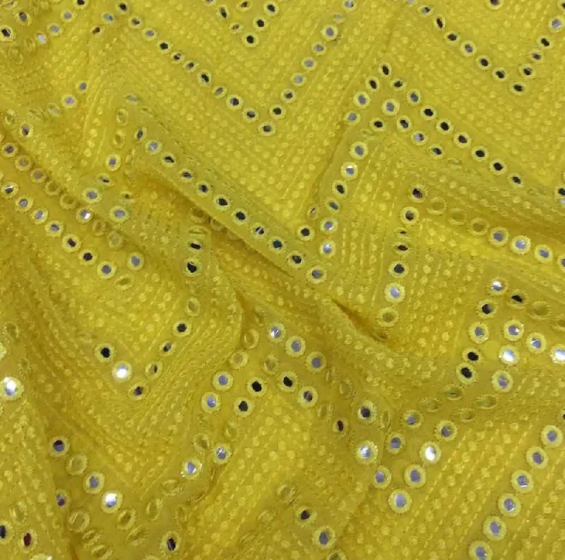 Yellow Chevron Mirror Work Embroidered Viscose Georgette Fabric Engagement unclassified dresses