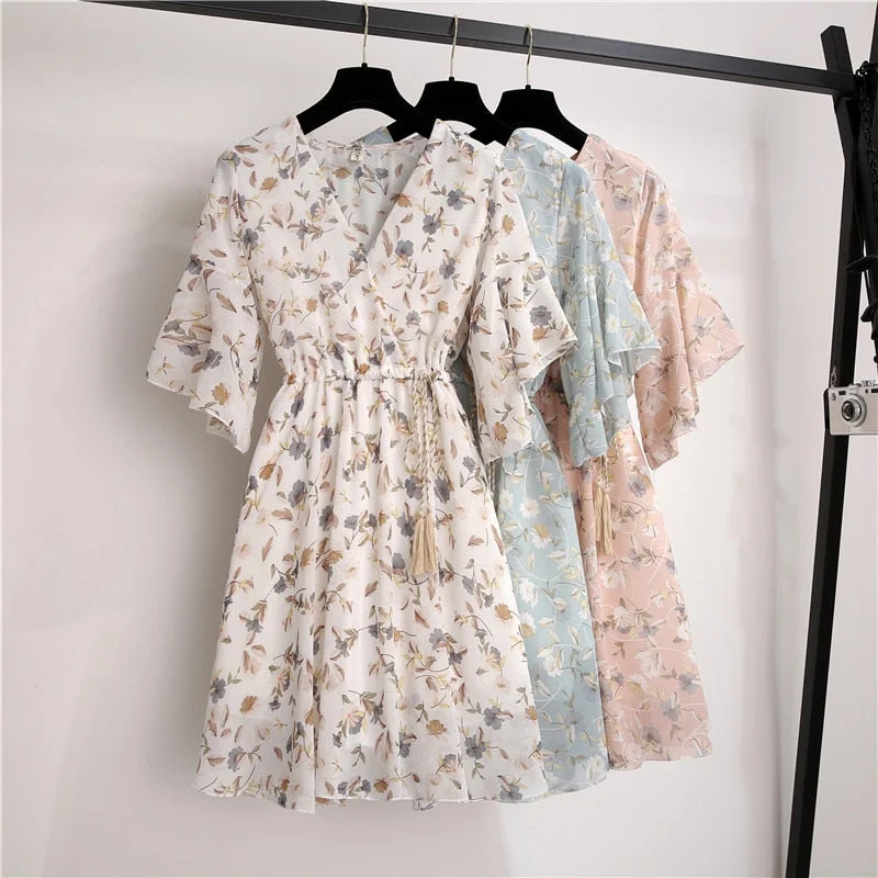 2020 Chiffon Spring Summer Dress Women Elastic Waist V-neck Print Fresh Sweet Ruffle Sleeeve Floral Slim Drawstring Vestidos Maxi floral dresses