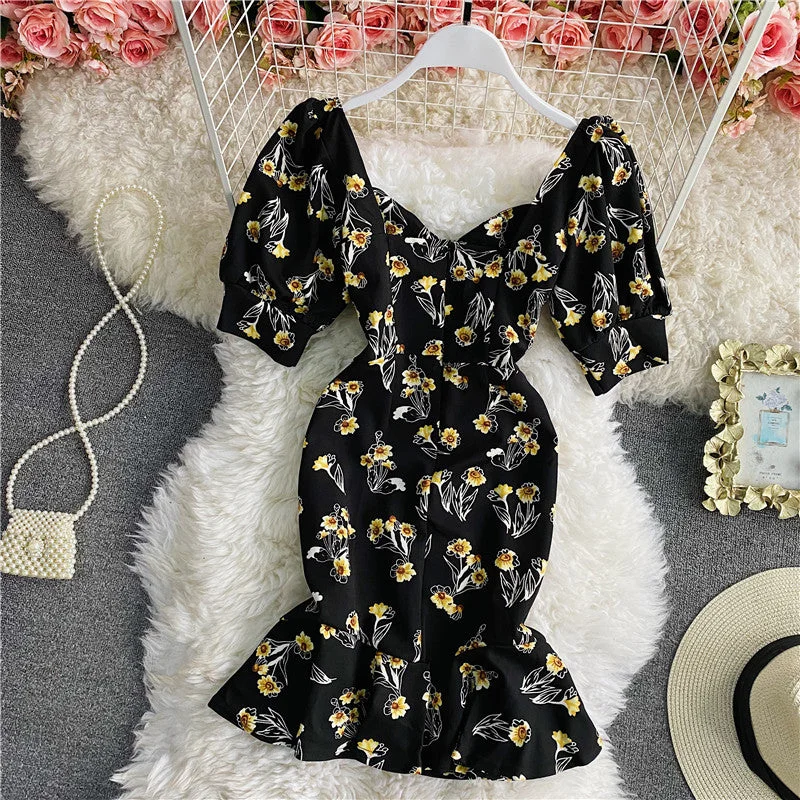 Floral backless square neck bubble sleeve Hip Wrap fishtail dress  2955 Elegant floral dresses