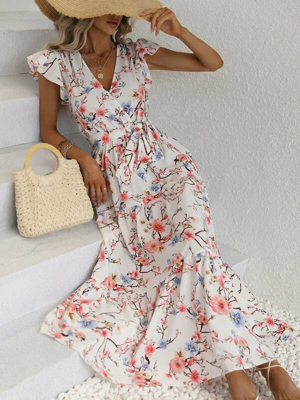 Floral Print Butterfly Sleeve Ruffle Hem Belted Dress Formal floral dresses