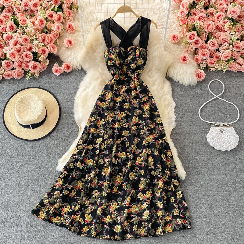 French retro style backless floral suspender dress  2902 Retro floral dresses