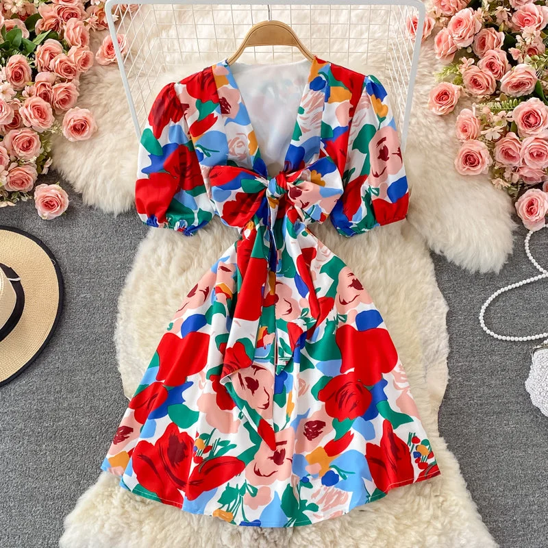 French retro V-neck Floral Dress  2923 Ruffled floral dresses