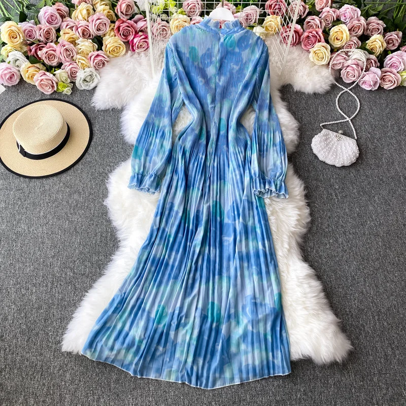 Loose white tie dyed ink print Pleated Chiffon Dress  2950 Cottagecore floral dresses