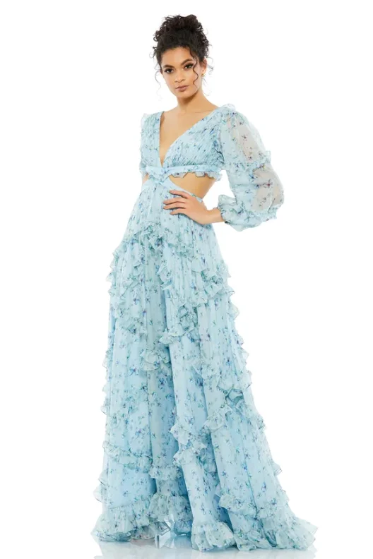 Mac Duggal powder blue floral cutout gown style 67949 Best floral dresses for beach vacations