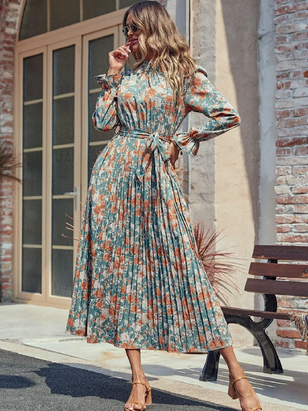 Perfee Tied Pleated Printed Mock Neck Long Sleeve Dress Comfortable floral dresses for everyday wear