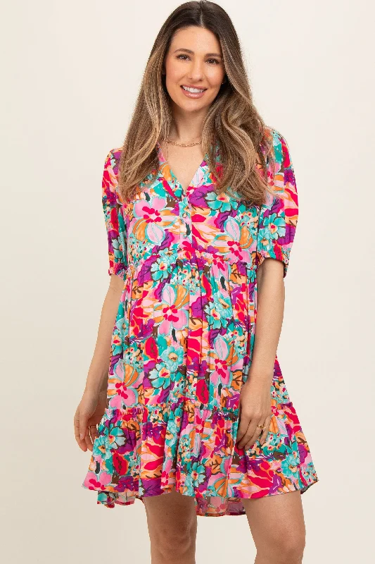 Pink Floral Button Short Sleeve Maternity Dress Versatile floral dresses for all occasions