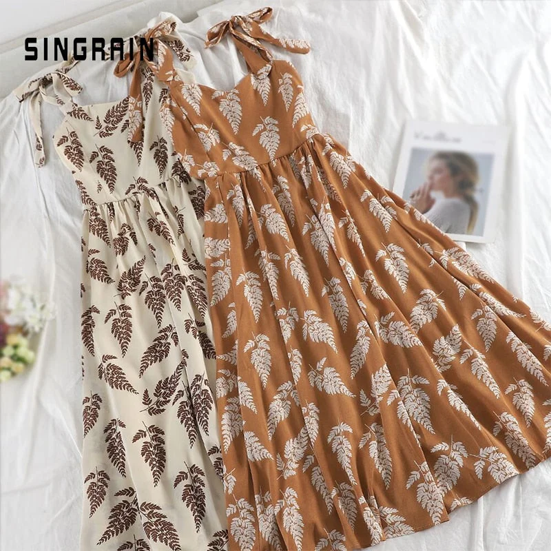 SINGRAIN Women Summer Bohemian Strap Long Dress Korean Print Chiffon Ruched Sundress New Holiday Beach Sleeveless Floral Dress Tulle floral dresses