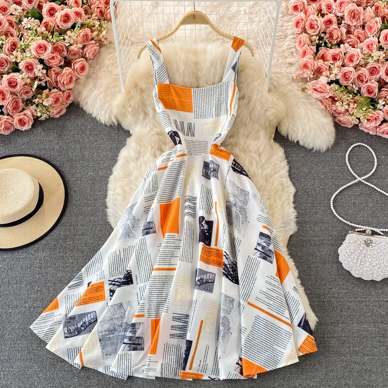 Slim temperament letter print large swing dress sleeveless  2900 Birthday floral dresses