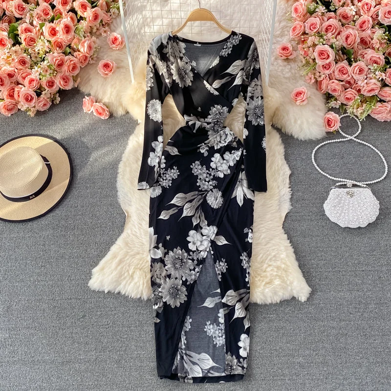 Temperament sexy split slim print V-neck wrap hip dress  2910 Maternity floral dresses