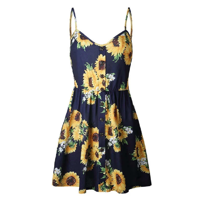 Women'S Dresses Jurken Elbise Sukienki Sexy Sling Sleeveless V Neck Sunflower Print Button Beach Frock Vestido Lady Clothing#C45 Corset floral dresses