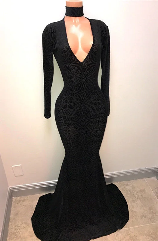 Black Lace V-Neck Prom Party Gowns| Mermaid Long-Sleeve Evening Gowns Button-down Maxi Skirt