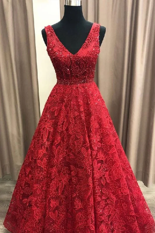 Charming V-neck Sleeveless Prom Party Gowns| Affordable Red Lace Beading Long Prom Gown Boho Chic Maxi