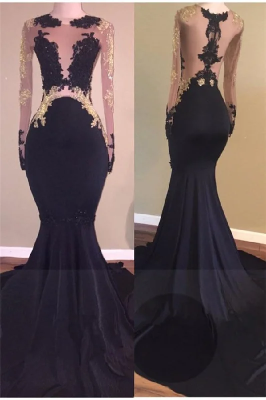 Chic Black Long-Sleeve Lace Mermaid Zipper Prom Party Gowns V-neck Maxi Skirt