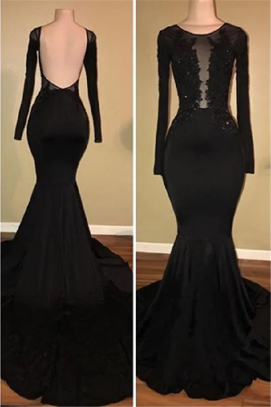 Chic Black Mermaid Prom Party GownsLong Sleeves With Lace Appliques Elegant Maxi Look