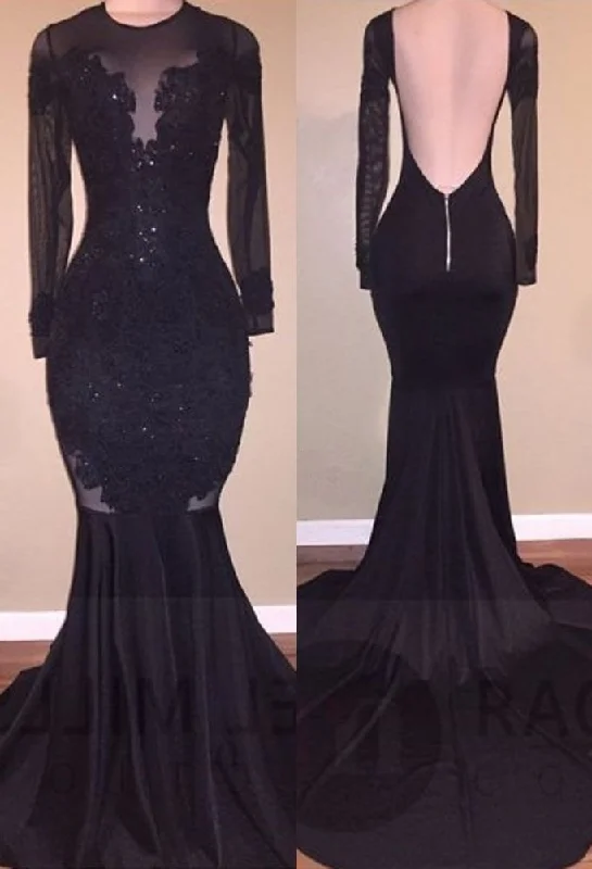 Chic Mermaid Black Long-Sleeves Backless Appliques Prom Party Gowns Long Floral Skirt