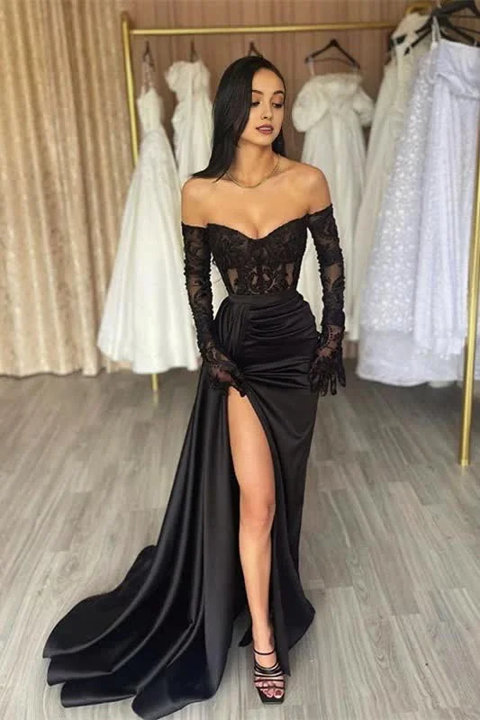 Classy Long Black Off-the-Shoulder Lace Mermaid Long Sleeves Evening Party Gowns Long Slit Online Embroidered Maxi Skirt