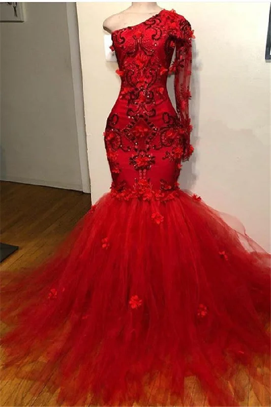 Elegant Red One-Shoulder Long-Sleeves Appliques Mermaid Prom Party Gowns Colorful Maxi Skirt