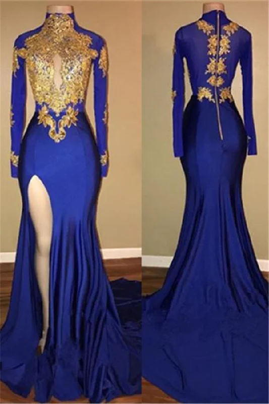 Elegant Royal Blue Prom Party GownsMermaid Long Sleeves With Appliques Maxi Skirt Fashion