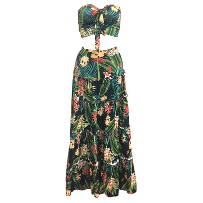 Floral Boho Bandeau & Long Skirt Set Bohemian Maxi Skirt