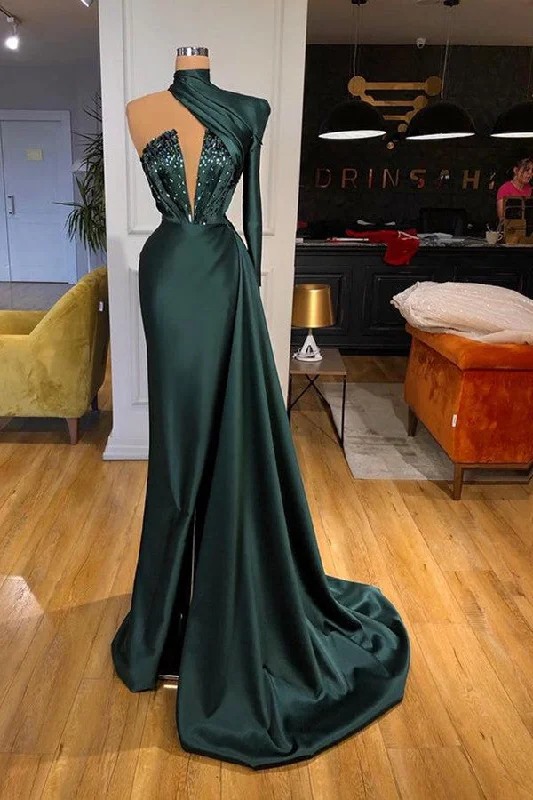 Glamorous High Neck One Shoulder Long Sleeve Mermaid Evening Gowns With Crystals Pleated A-line Skirt