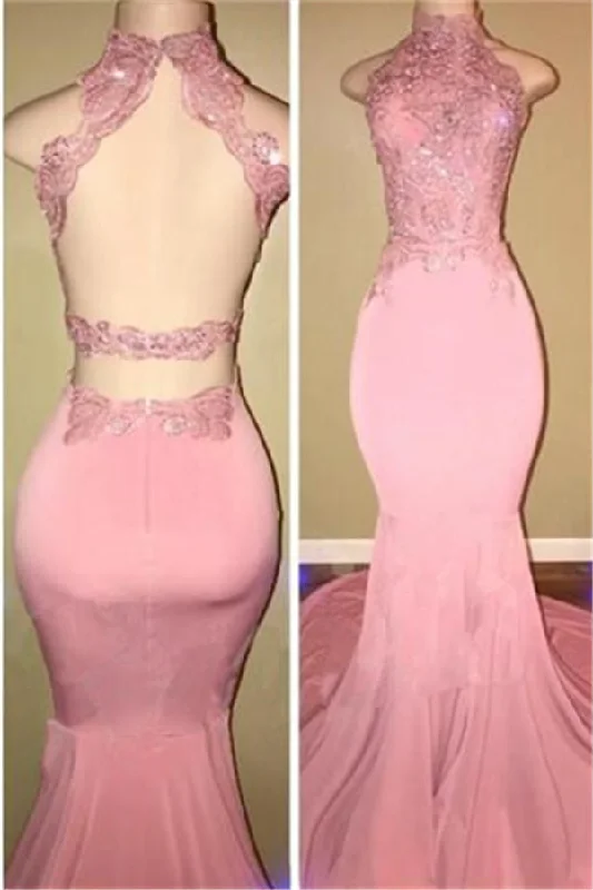 Gorgeous High Neck Pink Lace Prom Party GownsMermaid Long Embellished Maxi Skirt