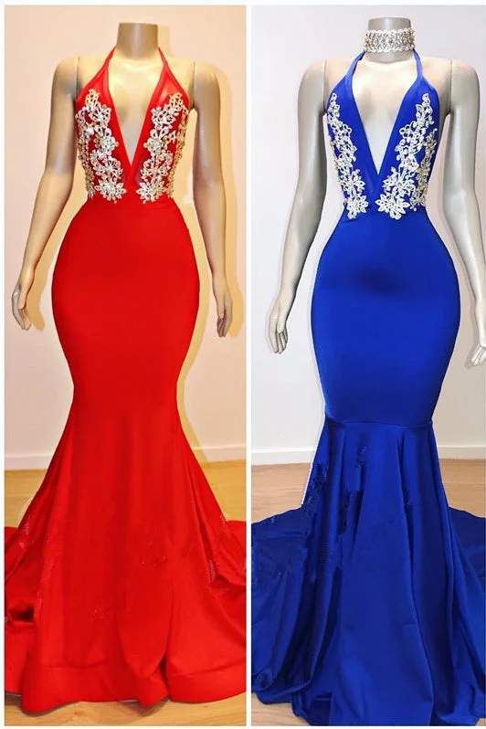 Halter V-neck Appliques Mermaid Long Eveing Gowns Maxi Skirt Trend