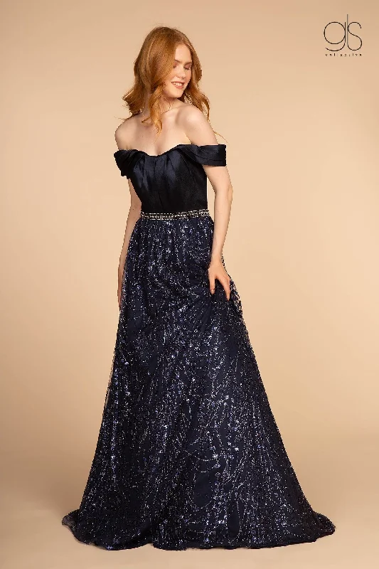 Long Off Shoulder Dress with Glitter Print Skirt by Elizabeth K GL2530 Cozy Maxi Dress