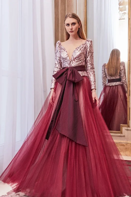 Long sleeves belted top with tulle skirt Flowing Maxi Skirt