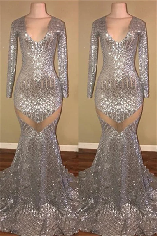 Long Sleeves Sequins Prom Party Gowns| Mermaid V-Neck Evening Gowns Layered Maxi Skirt